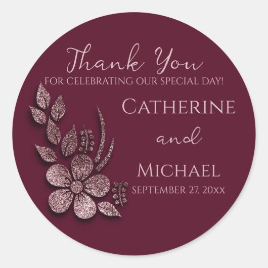 Modern Elegant Roos Gold Glitter Floral & Burgundy Ronde Sticker (Voorkant)