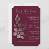 Modern Elegant Roos Gold Glitter Floral & Burgundy Save The Date (Voorkant)