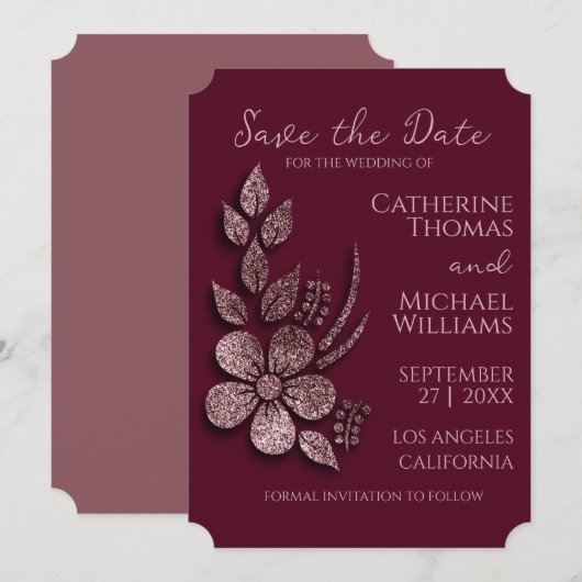 Modern Elegant Roos Gold Glitter Floral & Burgundy Save The Date (Voorkant / Achterkant)