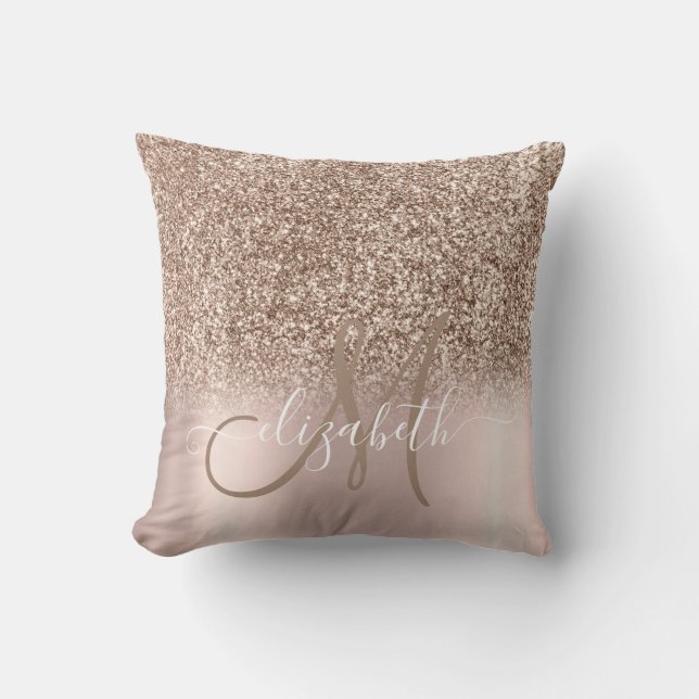 Modern Elegant Roos Gold Glitter Ombre Monogram Kussen (Voorkant)