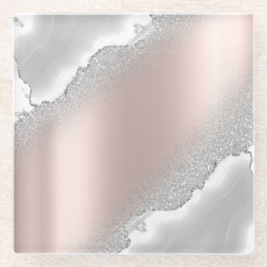 Modern Elegant Roos Gold Glitter Silver Marble Glazen Onderzetter (Voorkant)