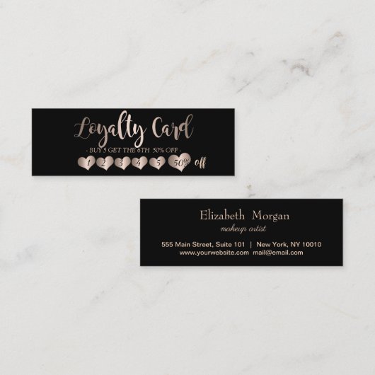 Modern Elegant Roos Gold Hearts, zwart Klantenkaartje (Voorkant / Achterkant)