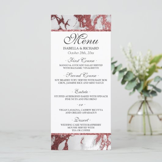 Modern Elegant Roos Gold Marble Wedding Menu (Staand voorkant)