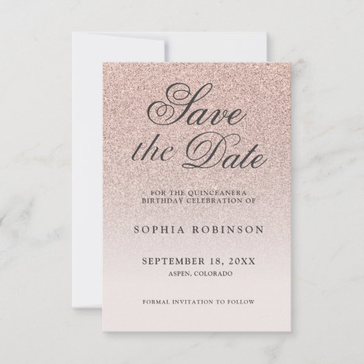 Modern Elegant Roos Gold Save the Date Quinceañera (Voorkant)