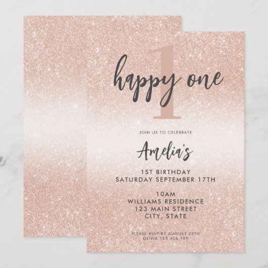 Modern Elegant Roos Goud 1e Verjaardag Kaart (Voorkant / Achterkant)