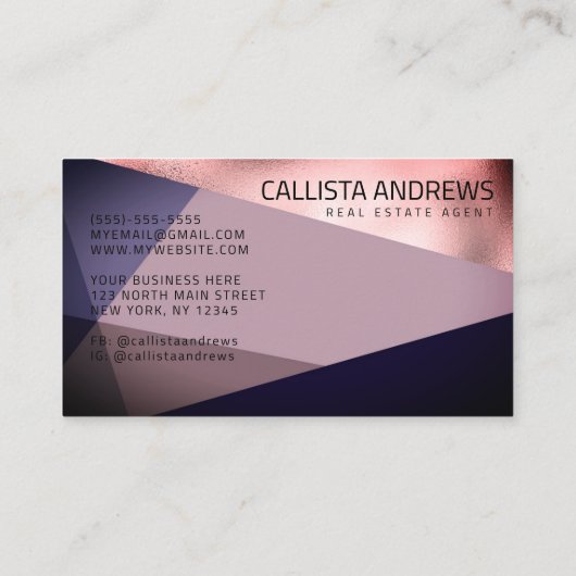 Modern Elegant Roos Goud Dusty Paarse geometrische Visitekaartje (Achterkant)