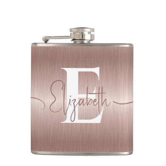 Modern Elegant Roos Goud Geborsteld Metaal Monogra Heupfles (Voorkant)