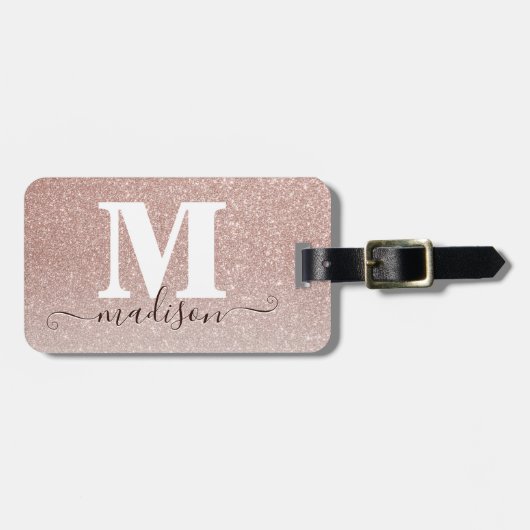 Modern Elegant Roos Goud Glitter Script Monogram Bagagelabel (Voorkant horizontaal)