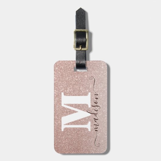Modern Elegant Roos Goud Glitter Script Monogram Bagagelabel (Voorkant verticaal)
