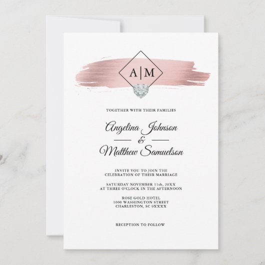 Modern Elegant Roos Goud Marmeren Hart Bruiloft Kaart (Voorkant)