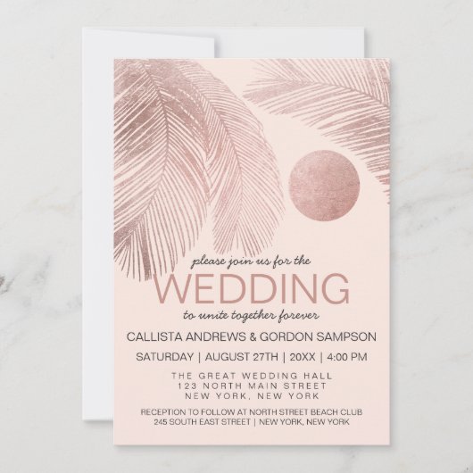 Modern Elegant Roos Goud Roze Palmboom Bruiloft Kaart (Voorkant)