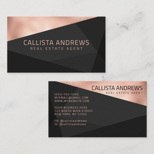 Modern Elegant Roos Goud Zwart Grijs Geometrisch Visitekaartje (Voorkant / Achterkant)