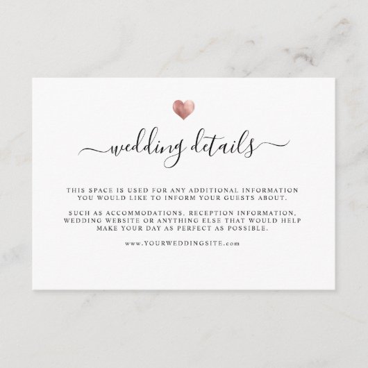 Modern Elegant Roos Gouden Hart Bruiloft Details Informatiekaartje (Voorkant)