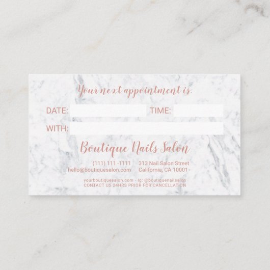 Modern elegant roos gouden scripttekenmarmer afsprakenkaartje (Achterkant)