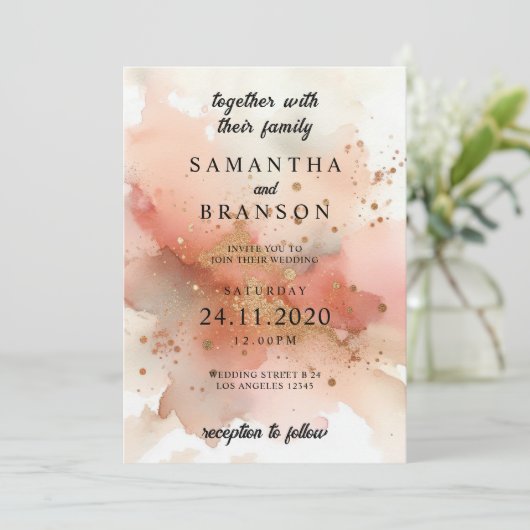 Modern Elegant Roos Gouden Waterverf Bruiloft Kaart (Staand voorkant)