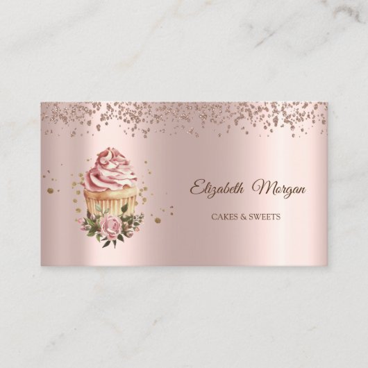 Modern Elegant Rose Gold Diamonds Floral Cupcake Visitekaartje (Voorkant)