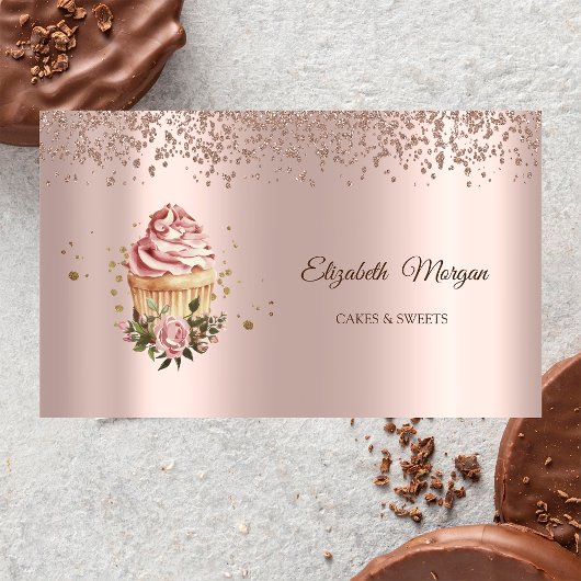Modern Elegant Rose Gold Diamonds Floral Cupcake Visitekaartje