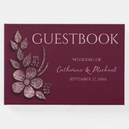 Modern Elegant Rose Gold Glitter Floral & Burgundy Gastenboek