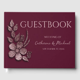 Modern Elegant Rose Gold Glitter Floral & Burgundy Gastenboek