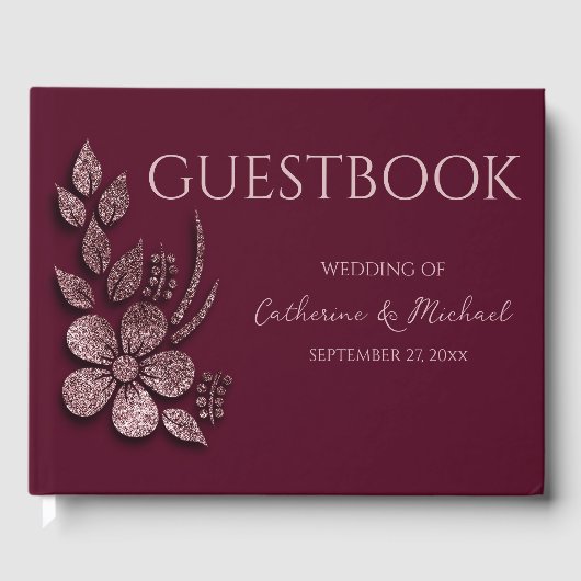 Modern Elegant Rose Gold Glitter Floral & Burgundy Gastenboek (Voorkant)