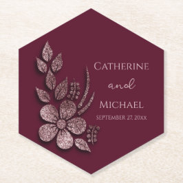 Modern Elegant Rose Gold Glitter Floral & Burgundy Kartonnen Onderzetters