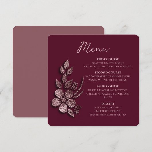 Modern Elegant Rose Gold Glitter Floral & Burgundy Menu (Voorkant / Achterkant)