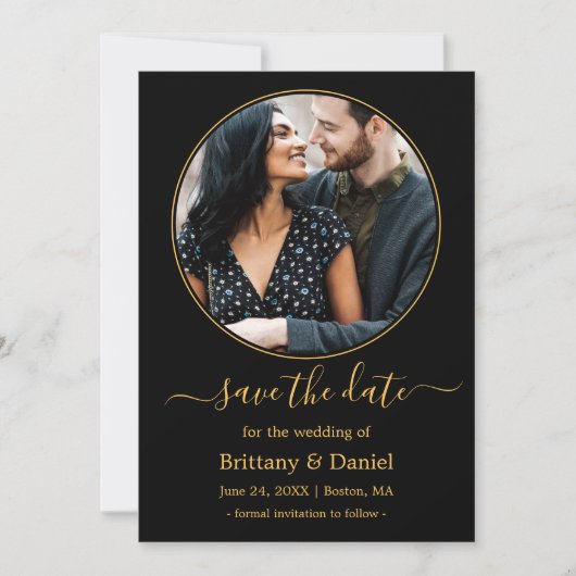 Modern Elegant Round Photo Lijst Black Gold Save The Date (Voorkant)