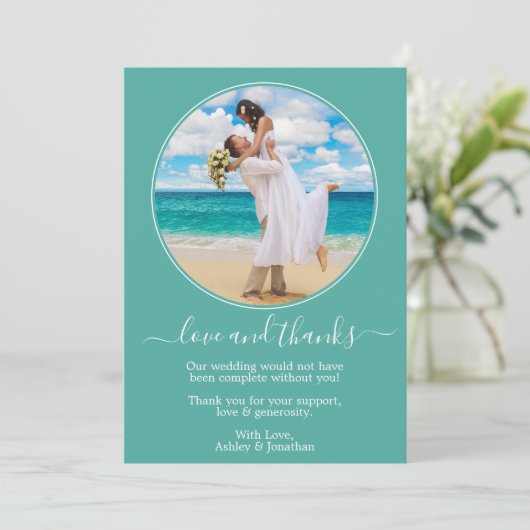 Modern Elegant Round Photo Lijst Blauwgroen bruilo Bedankkaart (Staand voorkant)