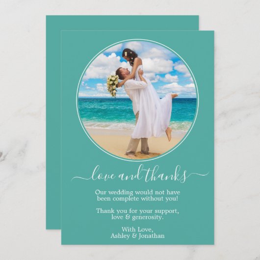 Modern Elegant Round Photo Lijst Blauwgroen bruilo Bedankkaart (Voorkant / Achterkant)