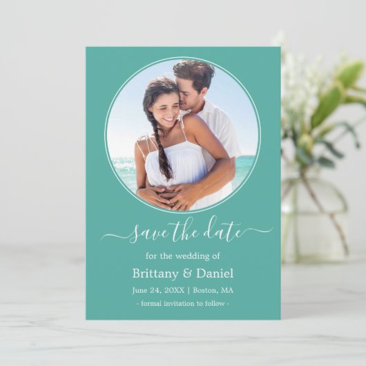 Modern Elegant Round Photo Lijst Blauwgroen Save The Date (Staand voorkant)