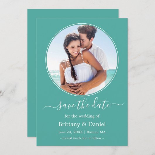 Modern Elegant Round Photo Lijst Blauwgroen Save The Date (Voorkant / Achterkant)