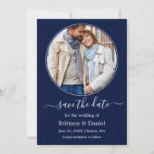 Modern Elegant Round Photo Lijst Blue Save The Date (Voorkant)