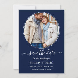 Modern Elegant Round Photo Lijst Blue Save The Date