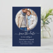 Modern Elegant Round Photo Lijst Blue Save The Date (Staand voorkant)
