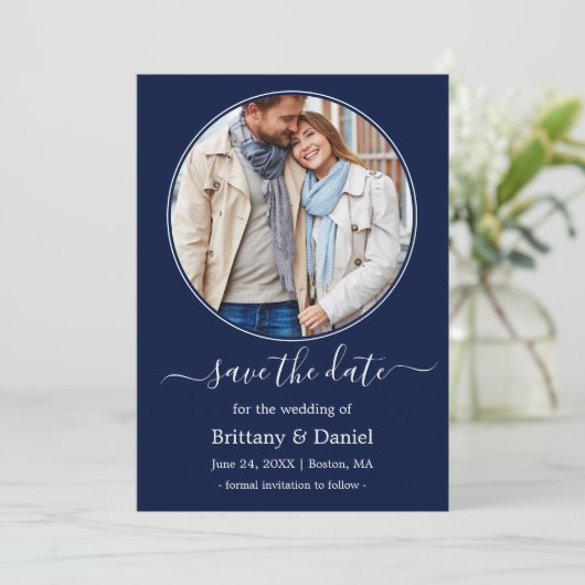 Modern Elegant Round Photo Lijst Blue Save The Date (Staand voorkant)