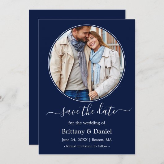 Modern Elegant Round Photo Lijst Blue Save The Date (Voorkant / Achterkant)