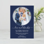 Modern Elegant Round Photo Lijst Blue Wedding Bedankkaart (Staand voorkant)