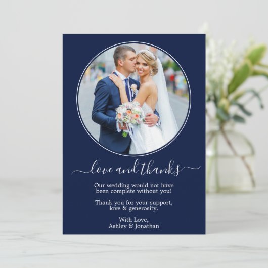 Modern Elegant Round Photo Lijst Blue Wedding Bedankkaart (Staand voorkant)