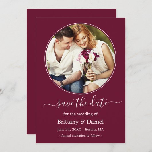 Modern Elegant Round Photo Lijst Burgundy Save The Date (Voorkant / Achterkant)