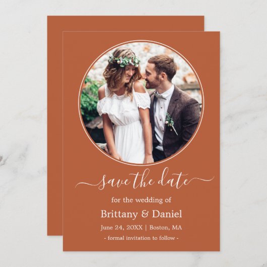 Modern Elegant Round Photo Lijst Burnt Sinaasappel Save The Date (Voorkant / Achterkant)