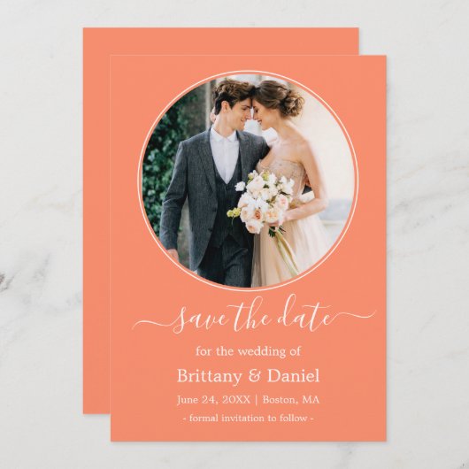 Modern Elegant Round Photo Lijst Coral Save The Date (Voorkant / Achterkant)