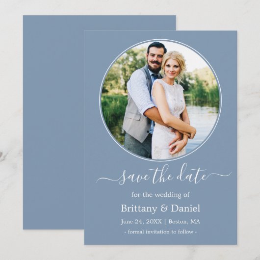 Modern Elegant Round Photo Lijst Dusty Blue Save The Date (Voorkant / Achterkant)