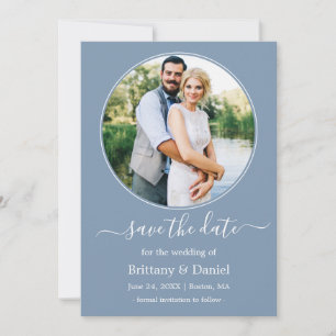 Modern Elegant Round Photo Lijst Dusty Blue Save The Date