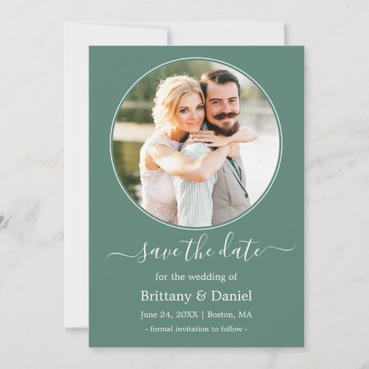 Modern Elegant Round Photo Lijst Eucalyptus Green Save The Date (Voorkant)