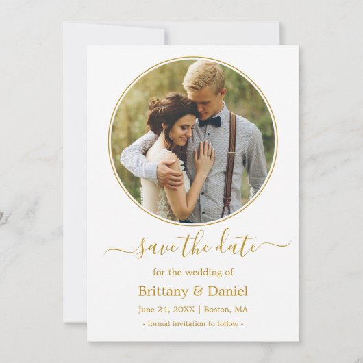 Modern Elegant Round Photo Lijst Gold Save The Date (Voorkant)