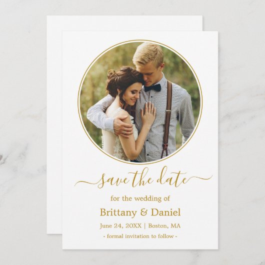 Modern Elegant Round Photo Lijst Gold Save The Date (Voorkant / Achterkant)