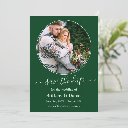 Modern Elegant Round Photo Lijst Green Save The Date (Staand voorkant)