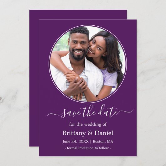 Modern Elegant Round Photo Lijst Paars Save The Date (Voorkant / Achterkant)