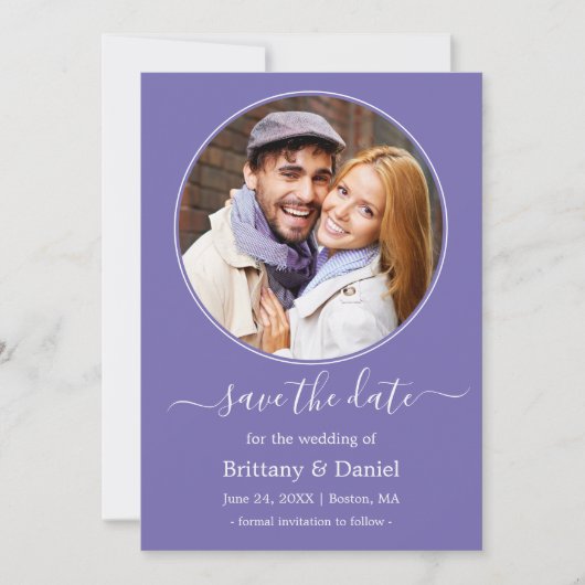 Modern Elegant Round Photo Lijst Periwinkle Save The Date (Voorkant)