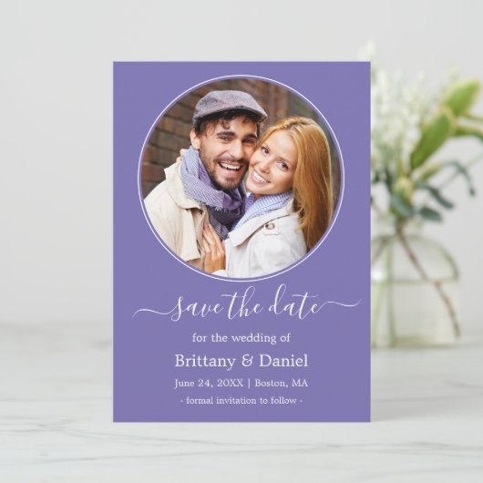Modern Elegant Round Photo Lijst Periwinkle Save The Date (Staand voorkant)